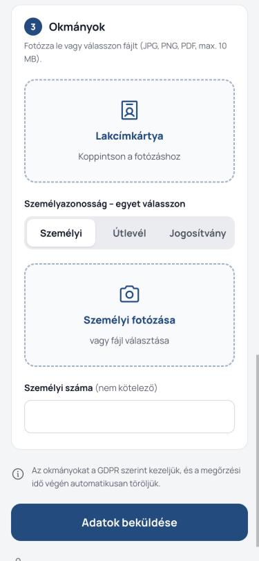 Érdeklődői adatlap a telefonon: lakcímkártya és személyi fotózása, adatok beküldése